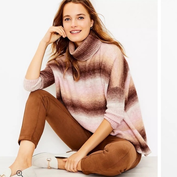 NWT Loft Ombre Turtleneck Poncho Sweater brown pink striped fuzzy - Picture 1 of 10